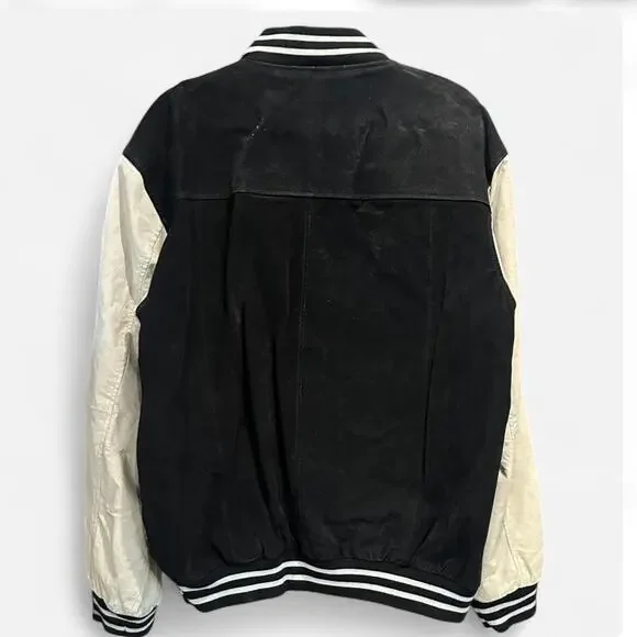 Vintage Cellini Genuine Suede Oversized Varsity Jacket In Black And Cream